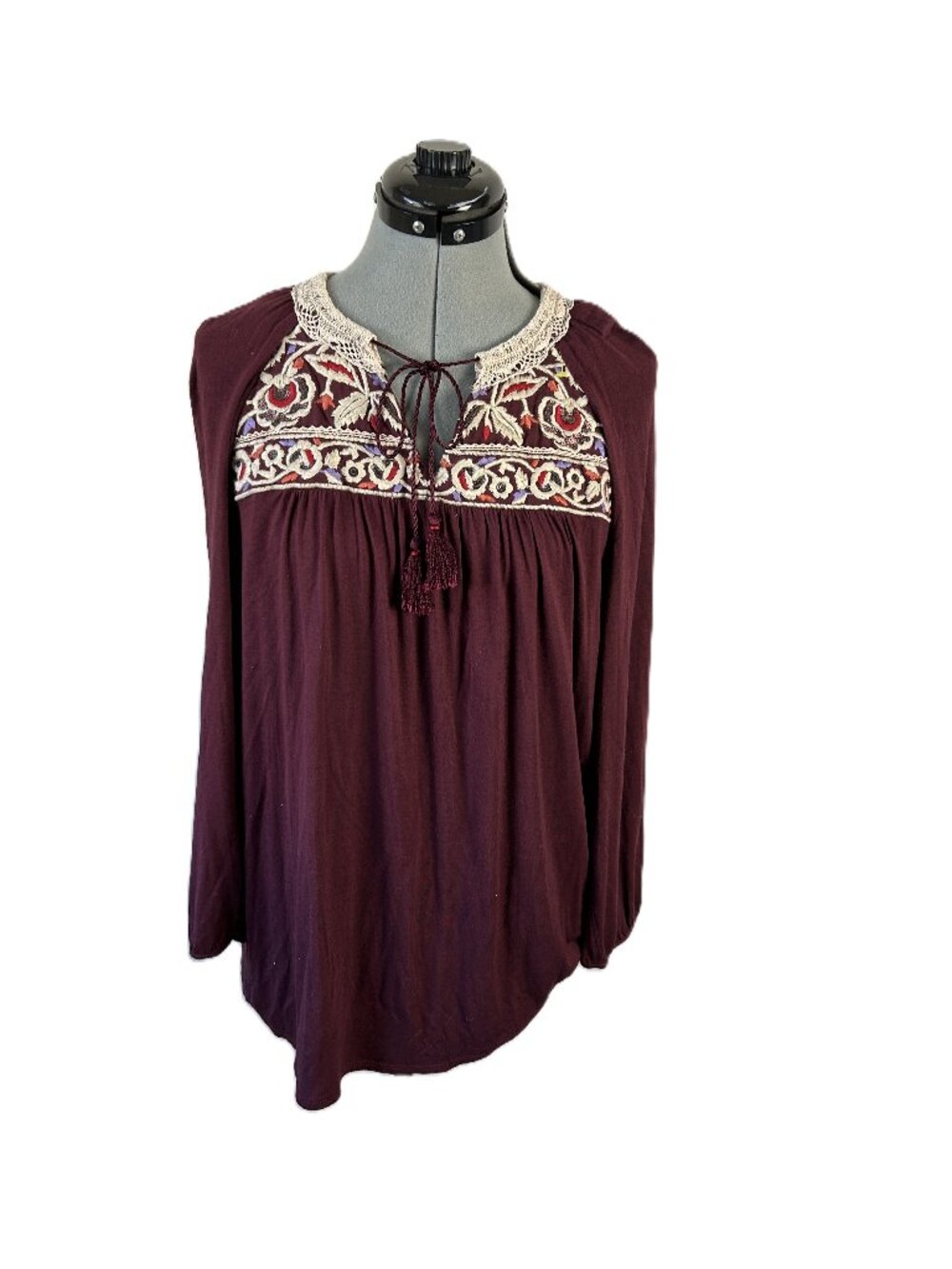 One September Anthro Embroidered Blouse Tassels M Burgundy